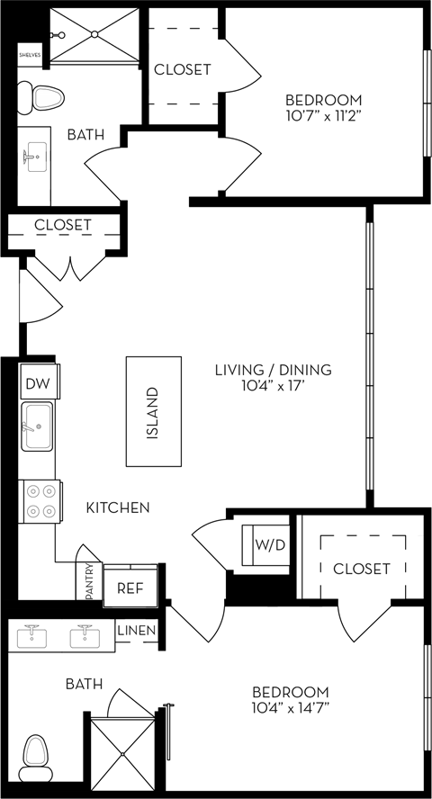 Floor plan for 2 beds, 2 baths, 1057 sqft